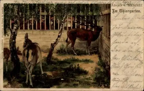 Künstler Litho Menzel, Adolph von, Im Thiergarten, Hirsche, Tiergarten, Gehege