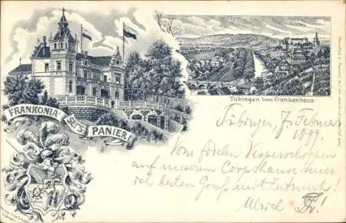 Studentika Ak Würzburg, Corps Frankonia, Stadtpanorama vom Frankenhaus, Corpshaus, Wappen