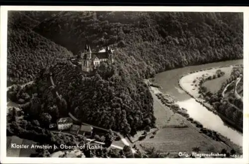 Ak Obernhof an der Lahn, Kloster Arnstein, Fliegeraufnahme, Landschaft, Fluss