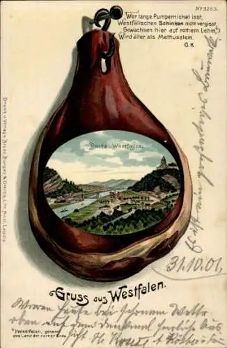 Schinken Litho Porta Westfalica in Nordrhein Westfalen, Blick auf den Ort, Denkmal