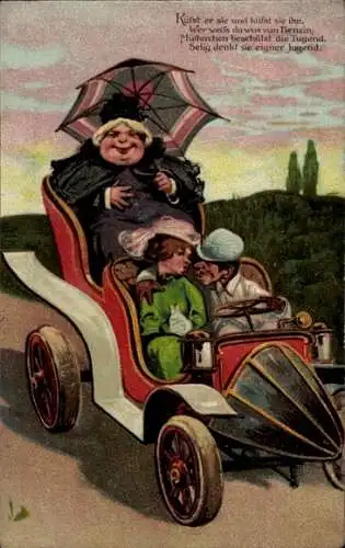 Präge Ak Verliebtes Paar im Automobil, Dicke Dame mit Sonnenschirm