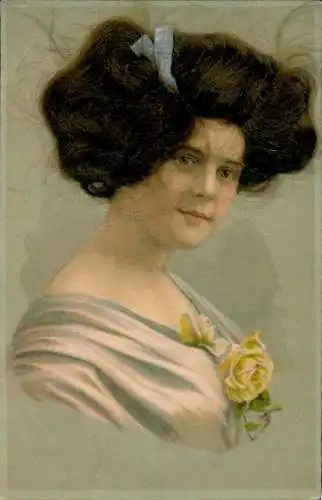 Echthaar Litho Frauenportrait, hellblaue Schleife im Haar, gelbe Rose