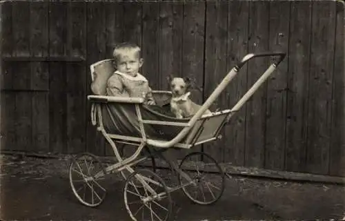 Foto Ak Kleinkind in einem Kinderwagen, D. Reichel, kleiner Hund