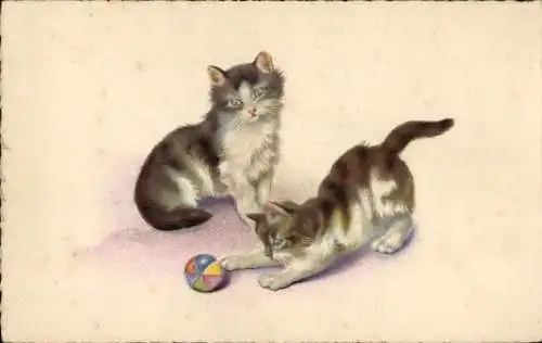 Künstler Ak Katzen beim Spielen, Ball