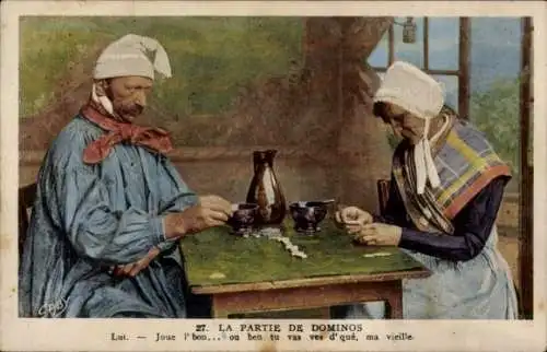 CPA Domino Spiel, Mann und Frau in Tracht