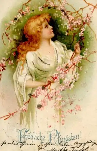 Litho Glückwunsch Pfingsten, Mädchen, Zweig mit Blüten