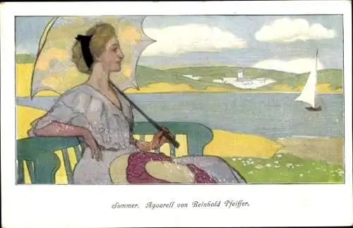 Künstler Ak Pfeiffer, R., Sommer, Frau mit Sonnenschirm, See, Segelboot