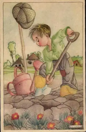 Künstler Ak Links, K. L., Junge arbeitet im Garten, Spaten, Gießkanne