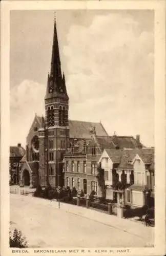 Ak Breda Nordbrabant Niederlande, Baronielaan met R. K. Kerk H. Hart