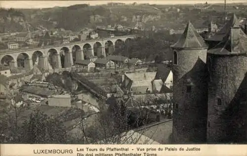 Ak Pfaffenthal Luxemburg, Drei Türme von Pfaffenthal, Palais de Justice, malerische Landschaft