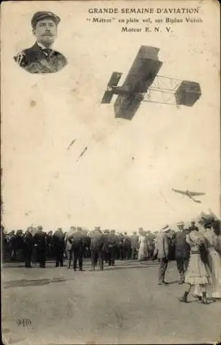 CPA Grande Semaine d'Aviation, Métrot en plein vol, sur Biplan Voisin