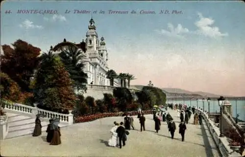 Ak Monte Carlo Monaco, Le Théâtre, Terrasses du Casino,  Architektur, Spaziergänger