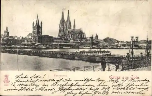 Ak Köln am Rhein, Panorama von  berühmte Kathedrale, Rhein, Hafenansicht