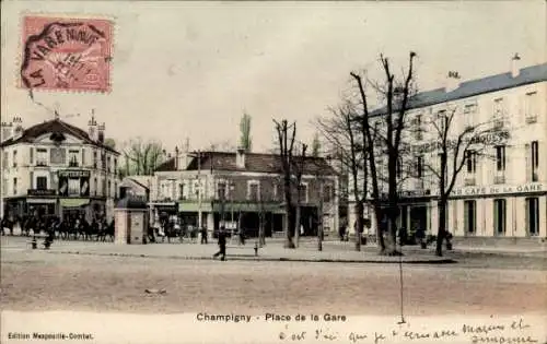 CPA Champigny-sur-Marne Val de Marne, Place de la Gare, Café