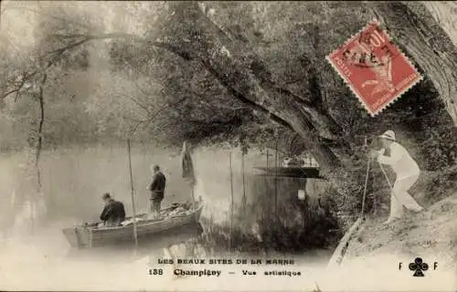Ak Champigny sur Marne Val de Marne, Angelnde Männer im Boot, malerische Landschaft, ruhiger Flus