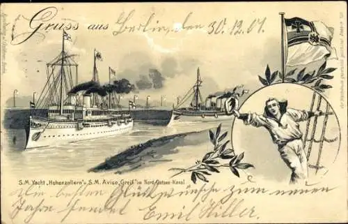 Ak Deutsches Kriegsschiff, SM Yacht Hohenzollern, SM Aviso Greif, Kaiserliche Marine