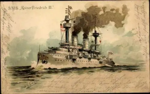 Künstler Litho Siehl, Deutsches Kriegsschiff, SMS Kaiser Friedrich III, Panzerschiff