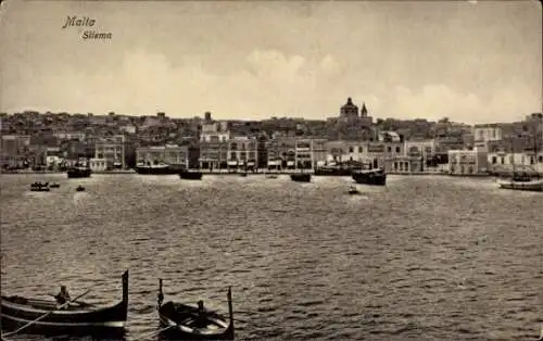 Ak Sliema Malta, Landschaftsaufnahme mit Wasser, Booten und Häusern
