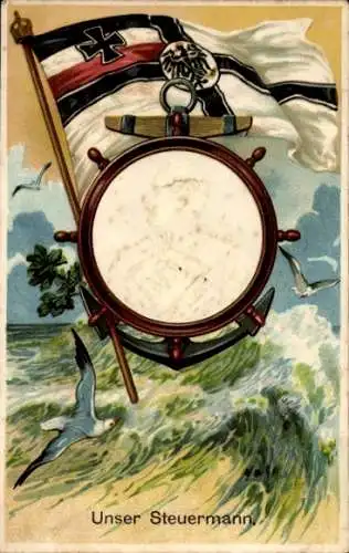 Präge Ak Unser Steuermann, Kaiser Wilhelm II., Portrait, Fahne, Möwe