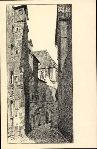 Ak Kassel in Hessen, Zeichnung einer Gasse, Kirchengebäude sichtbar,  Architektur