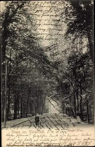 Ak Glückstadt an der Elbe, Allee mit Baumreihen, Radfahrer, Titel: Gruss aus Glückstadt