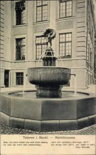 Ak Teterow in Mecklenburg, Brunnen, Gebäudeverzierung, lokale Sprache, historisch, Kunst
