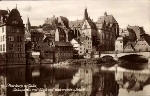 Ak Marburg an der Lahn, Marburg a/Lahn, Lahnpartie, Blick auf Universität und Schloss, gotisches 