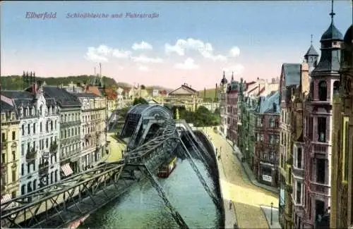 Ak Elberfeld Wuppertal, Farbige Ansicht der Schloßbleiche und Fuhrstraße,  Architektur
