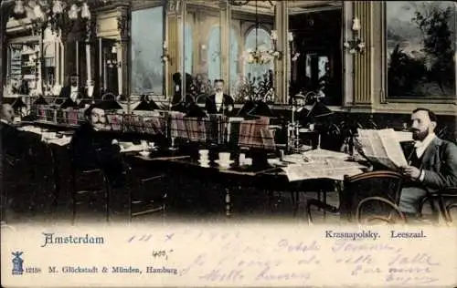 Ak Amsterdam Nordholland Niederlande, Kaffeehaus Krasnapolsky, elegante Inneneinrichtung, Herren 