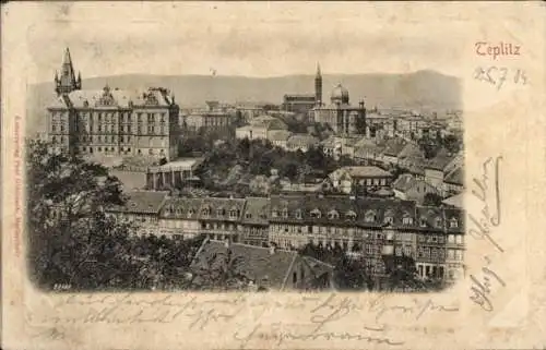 Ak Teplice Teplitz Region Aussig, Ausschnitt einer Stadtansicht, schlossartige Gebäude, Synagoge