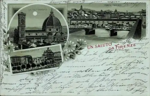 Mondschein Litho Firenze Florenz Toscana, Kathedrale, Brücke, Platz, Nacht