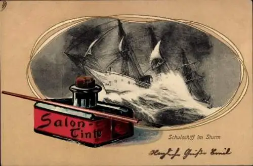 Präge Passepartout Litho Schulschiff im Sturm, Salon-Tinte, Tintenfass