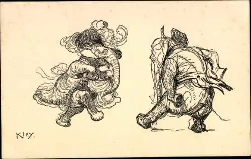 Jugendstil Künstler Ak Kley, Heinrich, Simplisissimus Karte Serie X, Nr II, Tanzende Elefanten