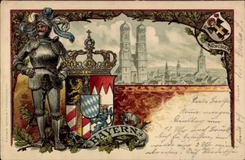 Wappen Litho München, Gesamtansicht, Ritter, Münchner Kindl
