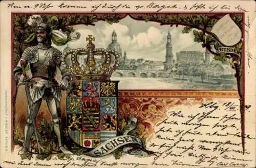 Wappen Litho Dresden Altstadt, Blick auf die Stadt, Ritter, Münzen