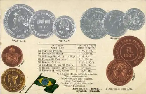 Präge Ak Brasilien, Fahne, Münzen, Währung