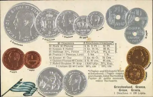 Präge Ak Griechenland, Fahne, Münzen, Währung