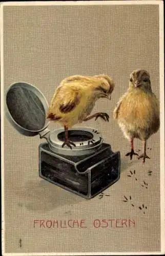 Präge Litho Glückwunsch Ostern, Zwei Küken, Tintenfass