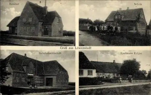 Ak Löwenstedt Nordfriesland, Bahnhof, Schule, Bahnhofswirtschaft, Kaufmann Kröger