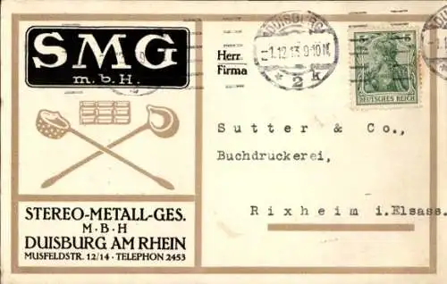 Ak Duisburg im Ruhrgebiet, SM GmbH, Stereo-Metall Ges., Musfeldstraße 12/14, Reklame