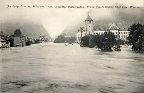 Ak Feldkirch Vorarlberg, Hochwasser 1910, Justizpalast, Wasserturm, Franz Josefs Brücke unter Wasser