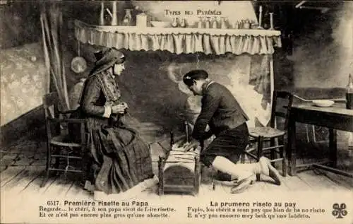 CPA Types de Pyrenees, Première risette au Papa