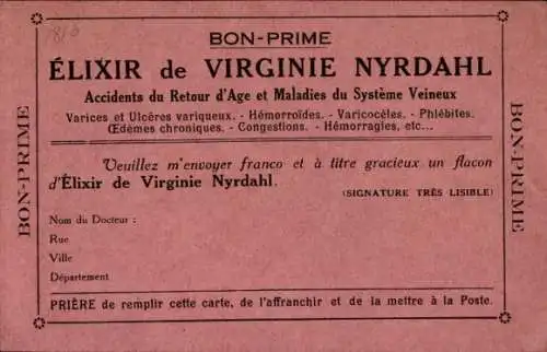 CPA Reklame, Elixir de Virginie Nyrdahl, Produits Nyrdahl