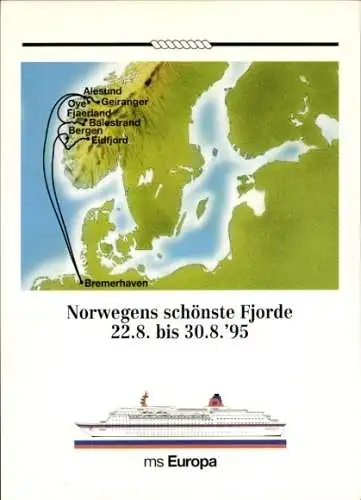 Landkarten Ak Norwegens schönste Fjorde, MS Europa