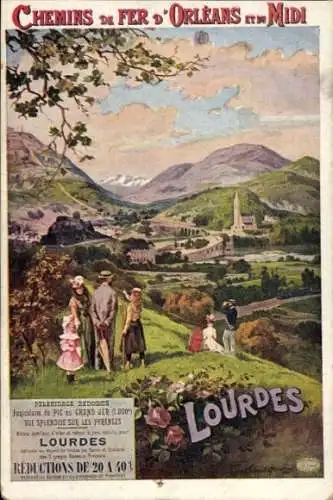Künstler Ak Lourdes Hautes Pyrénées, Reklame französische Eisenbahn von Orleans und Midi