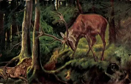 Künstler Ak Jagdszene mit Hund und Hirsch