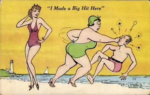 Ak Menschen am Strand, Bademode, Mann bewundert eine junge Frau, Verärgerte Ehefrau