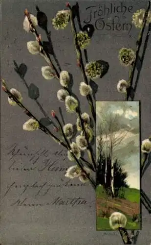 Präge Ak Glückwunsch Ostern, Weidenkätzchen