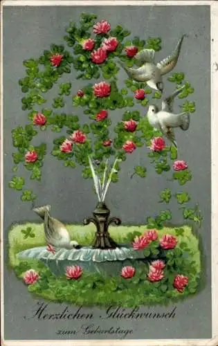 Präge Ak Glückwunsch Geburtstag, Blumen, Tauben