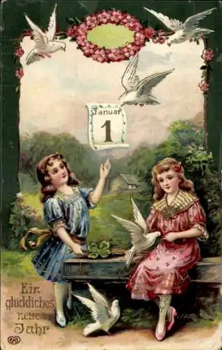 Präge Ak Glückwunsch Neujahr, Kinder, Kalender, Tauben